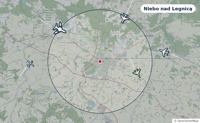 Mapa okolic miasta z sylwetkami samolotów — Niebo nad Legnicą na żywo