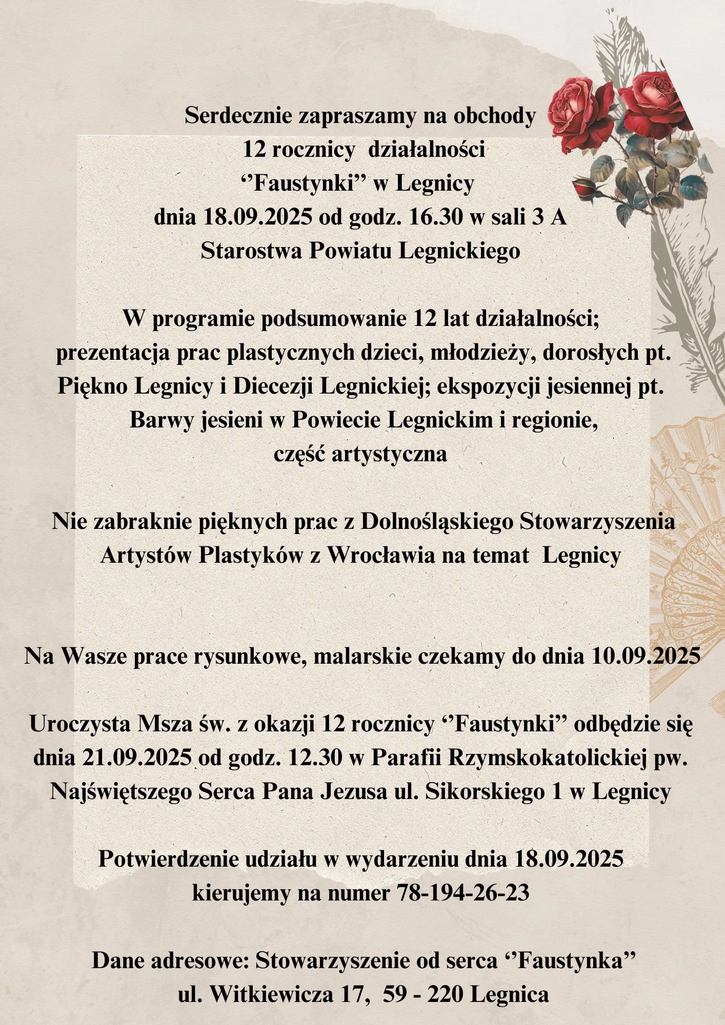 Obrazek przedstawia grafikę promocyjną wydarzenia Obchody 12. rocznicy Faustynki w Legnicy