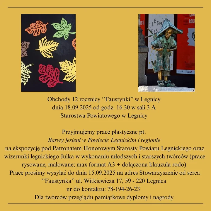 Obrazek przedstawia grafikę promocyjną wydarzenia 12. rocznica Faustynki w Legnicy — podstawowe informacje