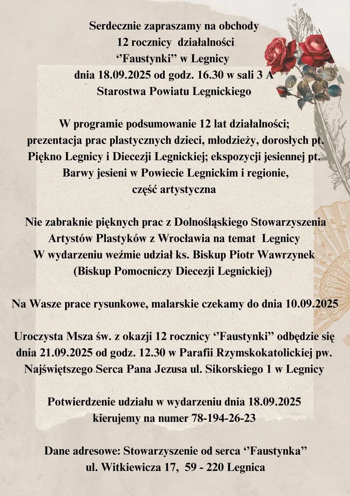 Obrazek przedstawia grafikę promocyjną wydarzenia Obchody 12. rocznicy „Faustynki” w Starostwie Powiatowym w Legnicy