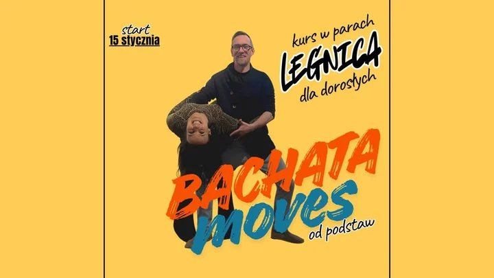 Grafika promocyjna wydarzenia BACHATA w parach — kurs tańca od podstaw w Legnicy
