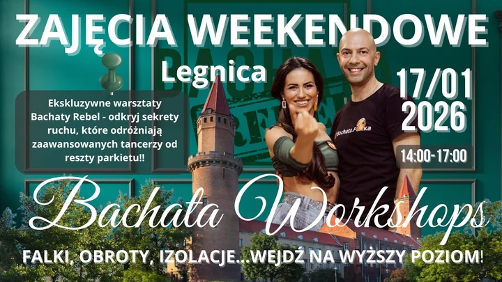 Grafika promocyjna wydarzenia Bachata Workshops w Legnicy — falki, obroty i izolacje