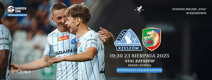 Obrazek przedstawia grafikę promocyjną wydarzenia Mecz Betclic 1. Ligi: Stal Rzeszów kontra Miedź Legnica