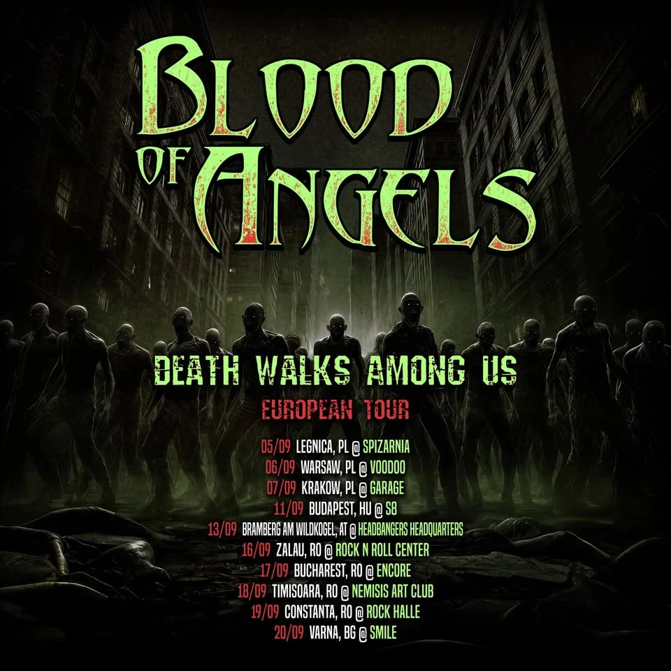 Obrazek przedstawia grafikę promocyjną wydarzenia Koncert Blood of Angels, Airstrike i Syndrom w Legnicy