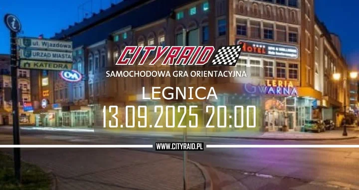 Obrazek przedstawia grafikę promocyjną wydarzenia Samochodowa gra orientacyjna CITYRAID w Legnicy