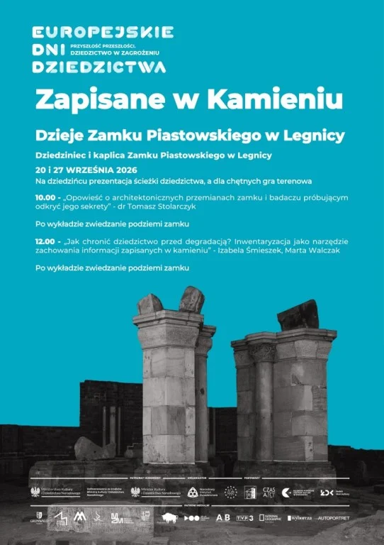 Grafika promocyjna wydarzenia Europejskie Dni Dziedzictwa – Zapisane w kamieniu. Dzieje Zamku Piastowskiego w Legnicy