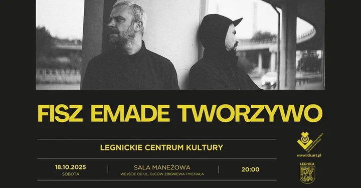 Obrazek przedstawia grafikę promocyjną wydarzenia Koncert Fisz Emade Tworzywo w Legnicy — 18 października 2025