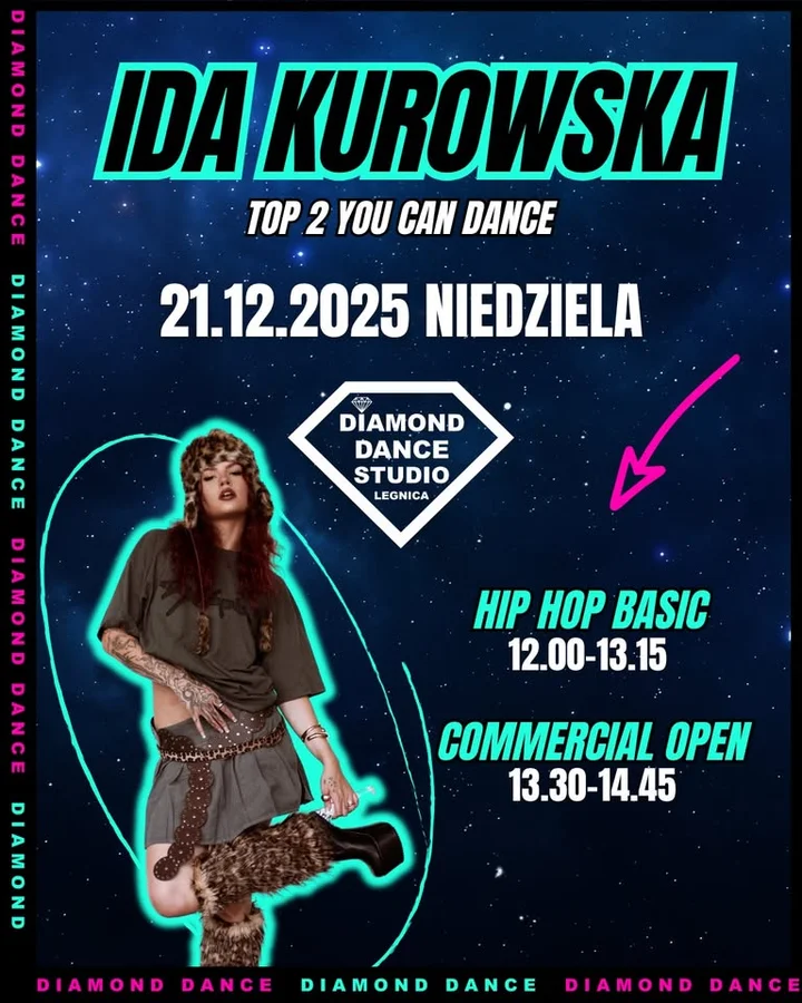 Grafika promocyjna wydarzenia Ida Kurowska — warsztaty Hip Hop Basic i Commercial w Legnicy