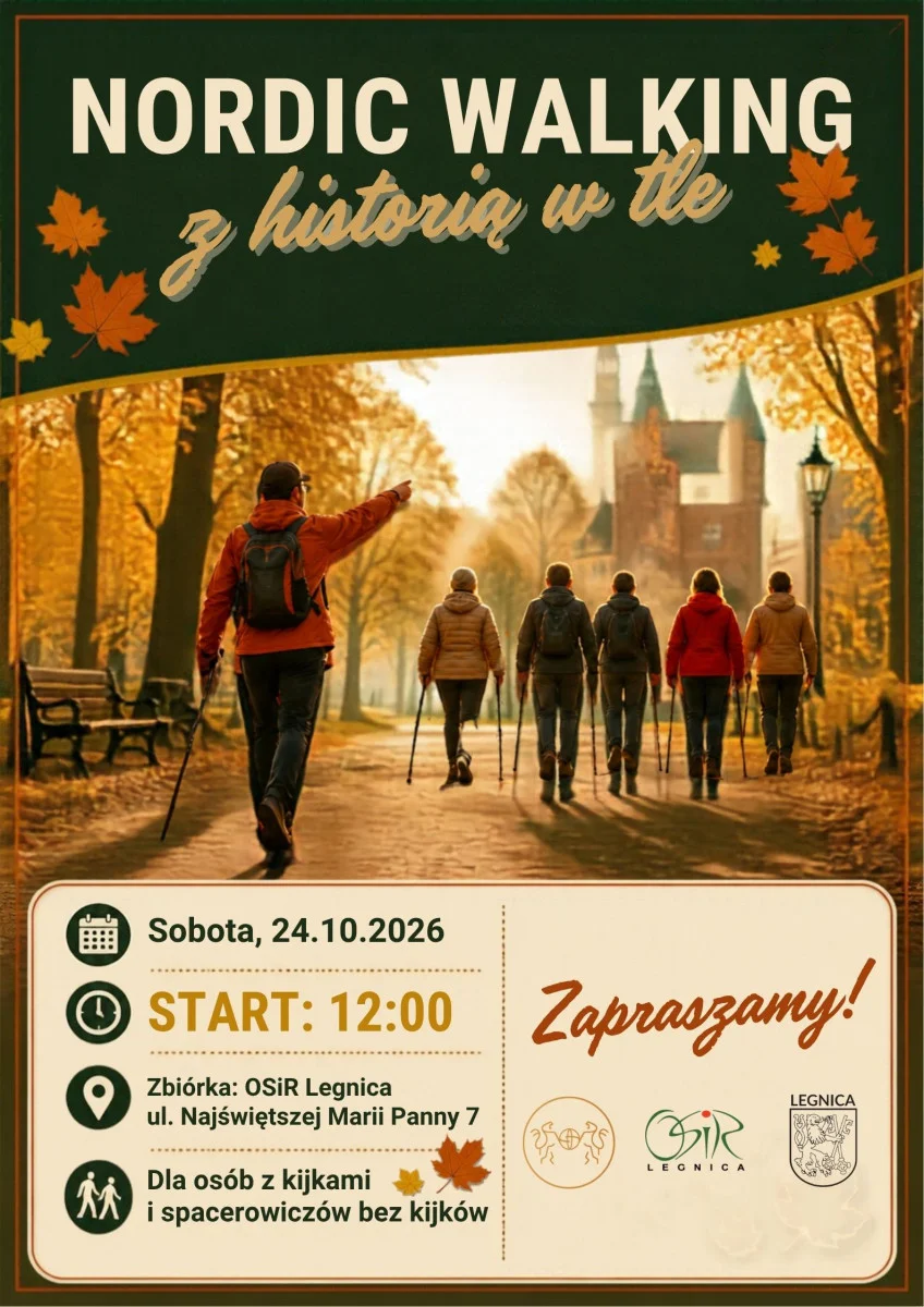 Grafika promocyjna wydarzenia Nordic Walking z historią w tle