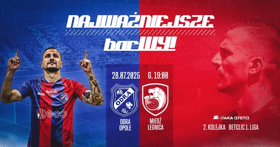 Obrazek przedstawia grafikę promocyjną wydarzenia Spotkanie piłkarskie Odra Opole kontra Miedź Legnica w Itaka Arena