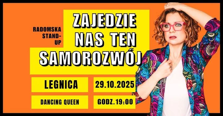 Obrazek przedstawia grafikę promocyjną wydarzenia Stand-up Aleksandry Radomskiej w Legnicy