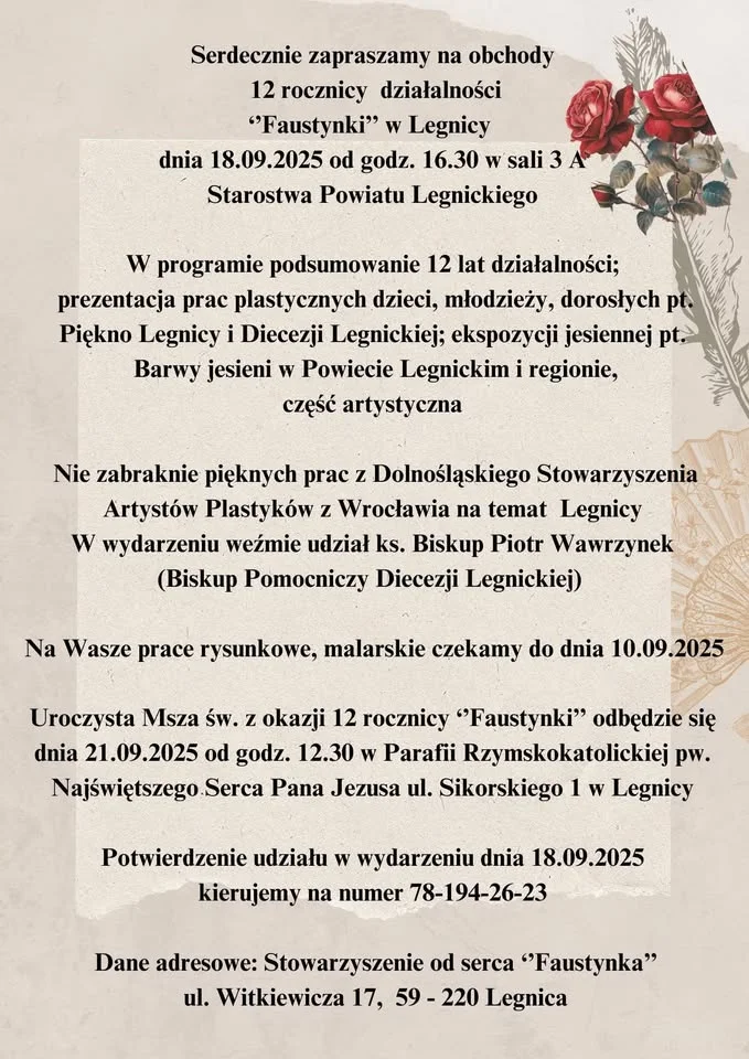 Obrazek przedstawia grafikę promocyjną wydarzenia Obchody rocznicy Faustynki w Legnicy