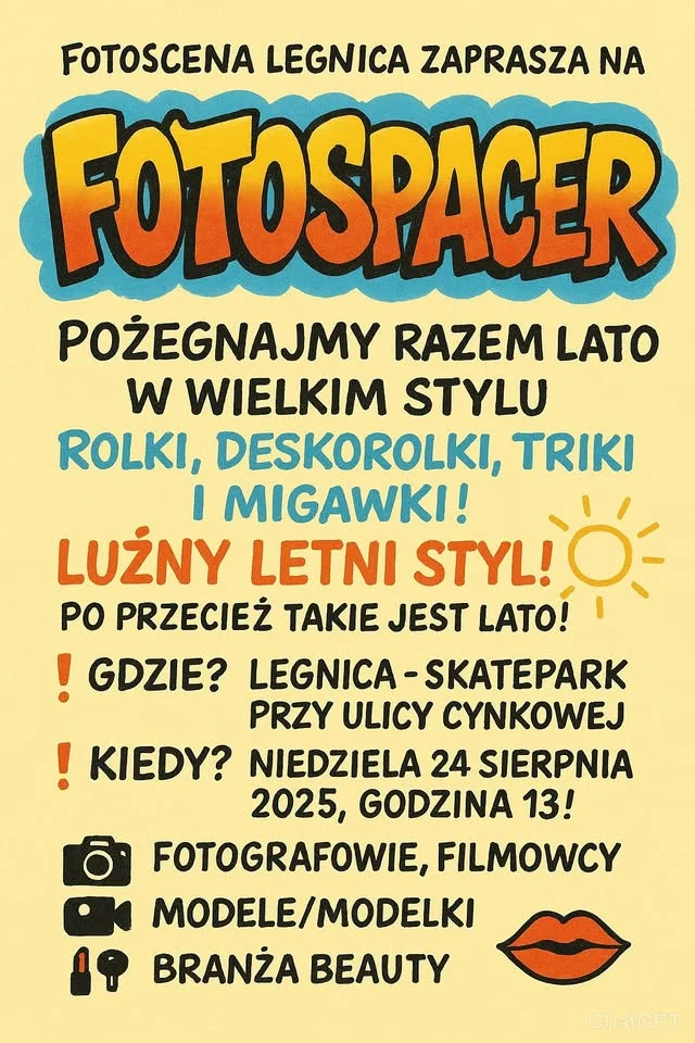 Obrazek przedstawia grafikę promocyjną wydarzenia Fotospacer przy skateparku na Cynkowej — niedzielne spotkanie fotografów i aktywnych
