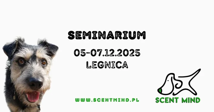 Grafika promocyjna wydarzenia Seminarium z mantrailingu w Legnicy — trzydniowy kurs dla przewodników i psów