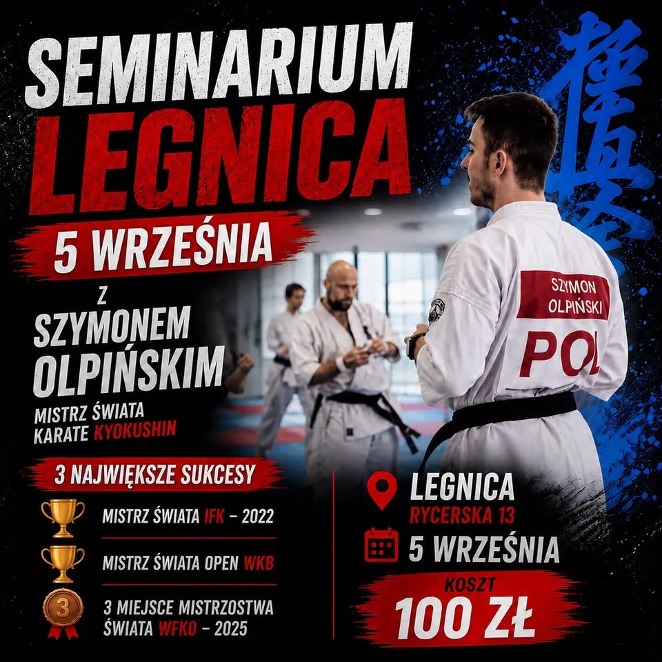 Grafika promocyjna wydarzenia Seminarium z Szymonem Olpińskim Legnica – karate Kyokushin