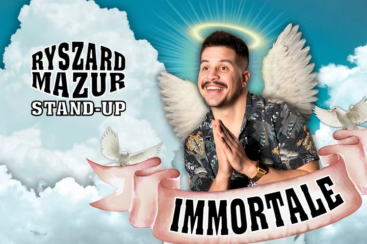 Obrazek przedstawia grafikę promocyjną wydarzenia Premiera nowego programu kabaretowego Ryszarda Mazura w Legnicy