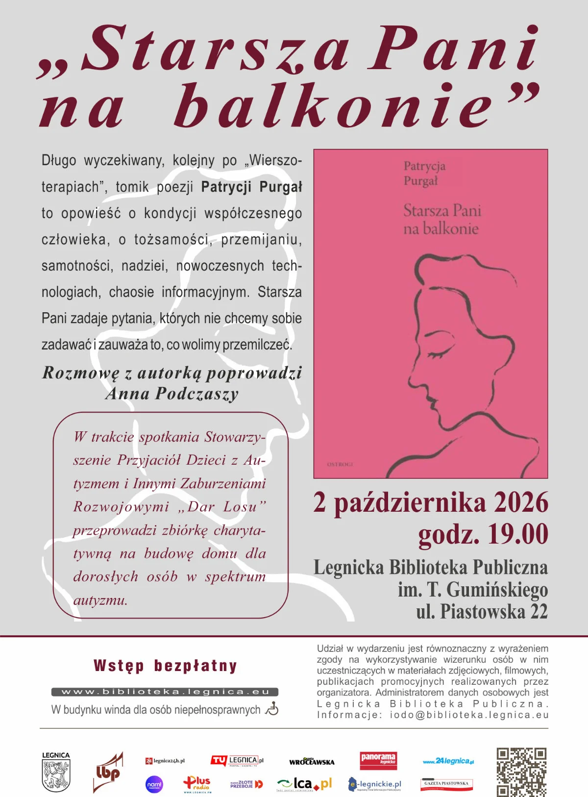 Grafika promocyjna wydarzenia „Starsza Pani na balkonie” – premiera książki poetyckiej Patrycji Purgał