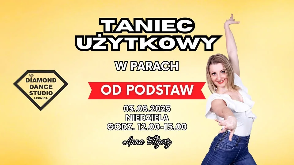 Obrazek przedstawia grafikę promocyjną wydarzenia Podstawy tańca użytkowego Modern Jive – warsztaty w Legnicy