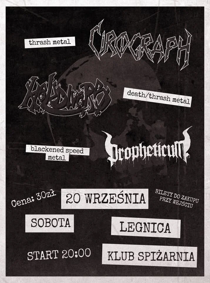 Obrazek przedstawia grafikę promocyjną wydarzenia Thrash i death-thrash na żywo w Sali Koncertowej Spiżarnia w Legnicy