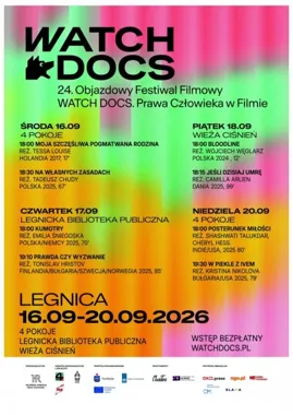 Grafika promocyjna wydarzenia 24. Objazdowy Festiwal Filmowy WATCH DOCS. Prawa Człowieka w Filmie