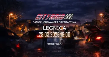 Grafika promocyjna wydarzenia CITYRAID Legnica — samochodowa gra orientacyjna, 28 marca 2026