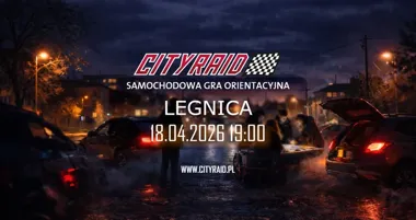 Grafika promocyjna wydarzenia CITYRAID Legnica: samochodowa gra orientacyjna z zadaniami i nagrodami