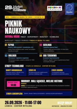 Grafika promocyjna wydarzenia Dotknij nauki! Piknik Naukowy