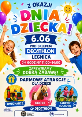 Grafika promocyjna wydarzenia Dzień Dziecka z Decathlon Legnica – rodzinne atrakcje, sport i zabawa na Objazdowej