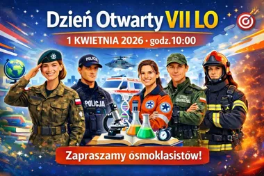 Grafika promocyjna wydarzenia Dzień Otwarty VII Liceum Ogólnokształcącego w Legnicy — 1 kwietnia, godz. 10:00
