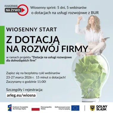 Grafika promocyjna wydarzenia KWADRANS NA ŻYWO — Wiosenny start z dotacją na rozwój firmy