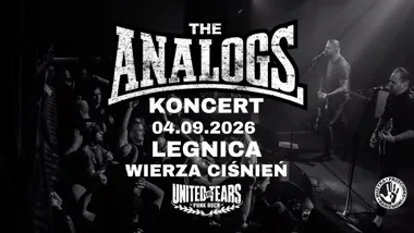Grafika promocyjna wydarzenia The Analogs i The United Tears w Legnicy. Koncert w Wieży Ciśnień 4 września 2026