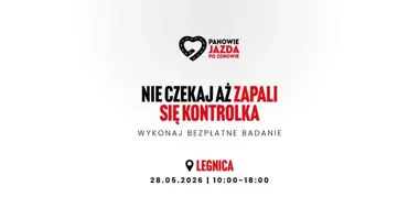 Grafika promocyjna wydarzenia HascoBus „Panowie! Jazda po zdrowie” w Legnicy — bezpłatne badania dla mężczyzn