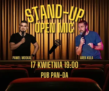 Grafika promocyjna wydarzenia Stand-Up Open Mic Legnica w Pubie PAN-DA: komediowy kwiecień na żywo