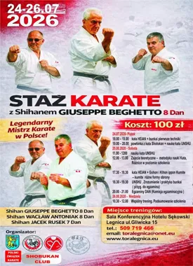 Grafika promocyjna wydarzenia Staż karate z Shihan Giuseppe Beghetto – treningi w Legnicy