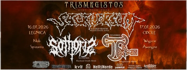 Grafika promocyjna wydarzenia TRISMEGISTOS mini tour 2026 w Legnicy — SACRIVERSUM, TENEBRIS, SOTHORIS