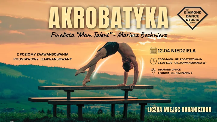 Grafika promocyjna wydarzenia Warsztaty z akrobatyki dla dzieci i młodzieży z Mariuszem Bochniarzem w Legnicy