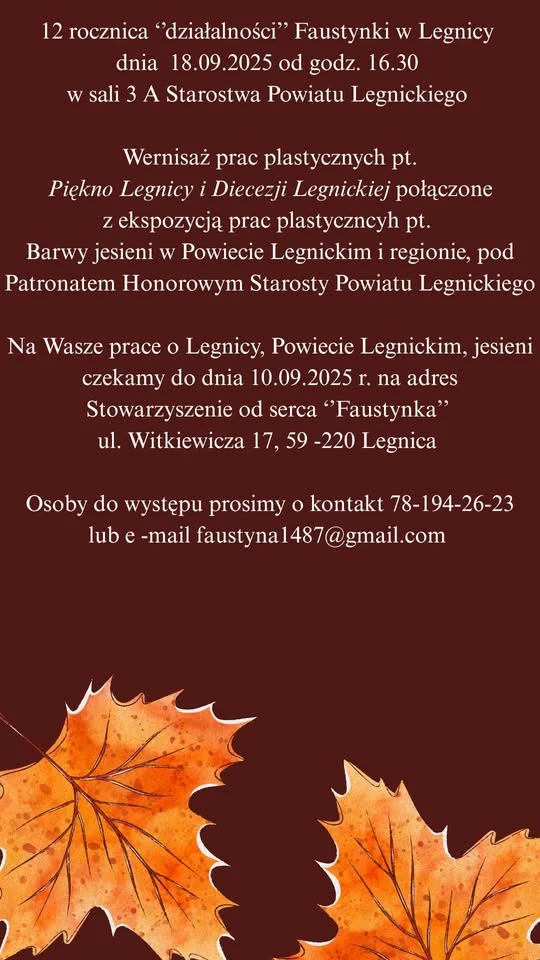 Obrazek przedstawia grafikę promocyjną wydarzenia Wernisaż prac plastycznych z okazji 12. rocznicy „Faustynki”