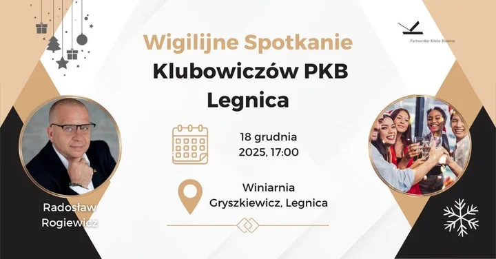 Grafika promocyjna wydarzenia Wigilijne Spotkanie Klubowiczów PKB Legnica — networking i planowanie na 2026 rok