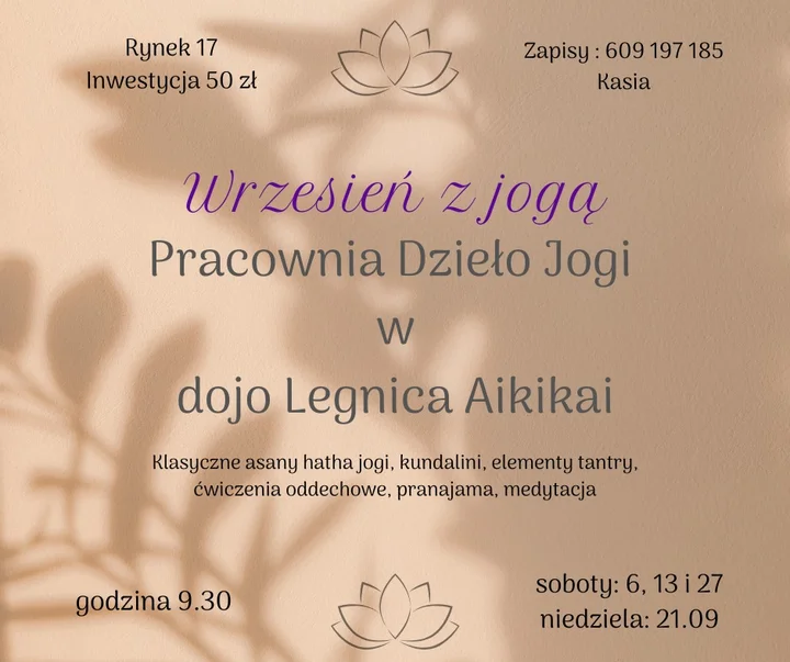 Obrazek przedstawia grafikę promocyjną wydarzenia Poranna joga we wrześniu w Legnica Aikikai