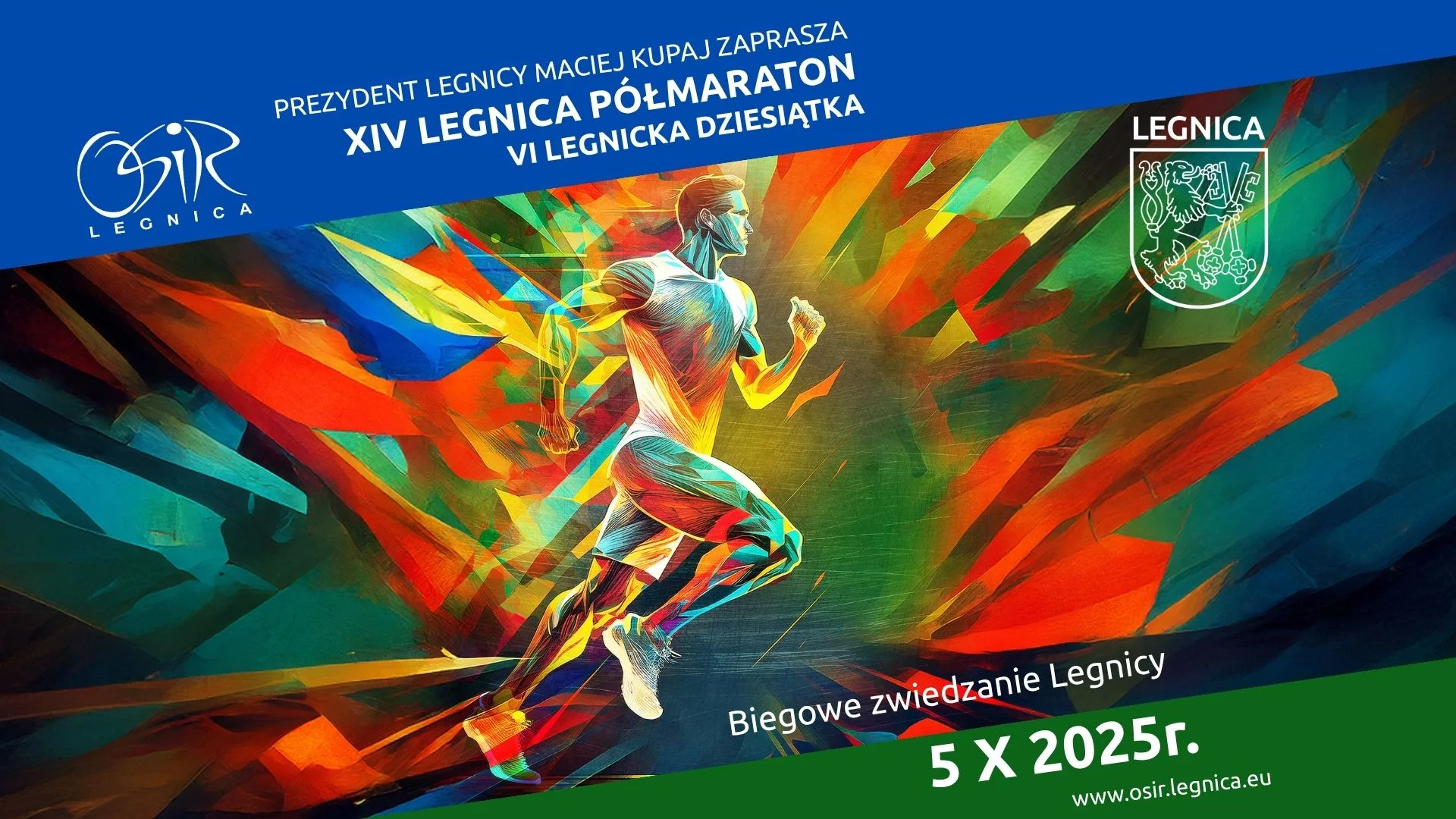 Obrazek przedstawia grafikę promocyjną wydarzenia Legnica zaprasza na biegowe wydarzenie z dwoma dystansami
