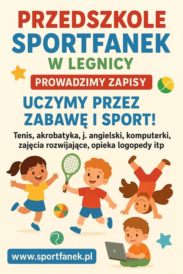 Grafika promocyjna wydarzenia Zapisy do Przedszkola Sportfanek w Legnicy — bieżące i na rok 2026/27