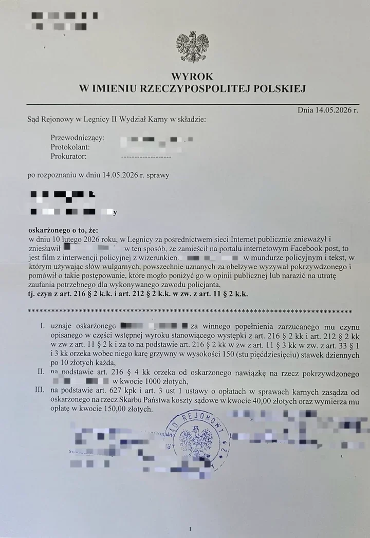 Facebookowy wpis o policjancie kosztował mieszkańca Legnicy wyrok