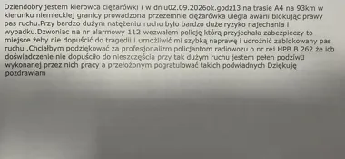 Ciężarówka zablokowała A4. Kierowca podziękował policjantom z Legnicy