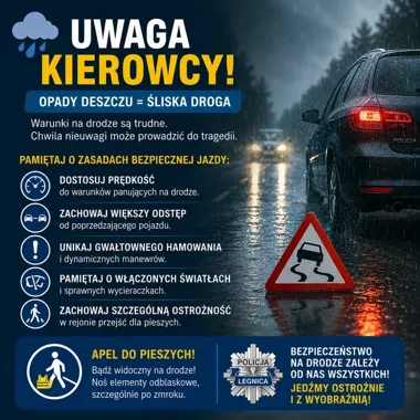 Chwila nieuwagi na mokrej drodze może skończyć się źle - policja przypomina zasady