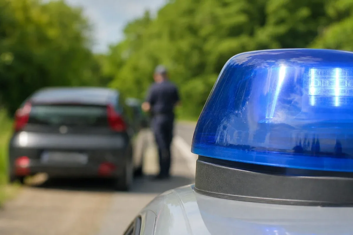 Policyjny radiowóz z niebieskim światłem ostrzegawczym stoi na drodze obok zaparkowanego samochodu osobowego, przy którym znajduje się funkcjonariusz.