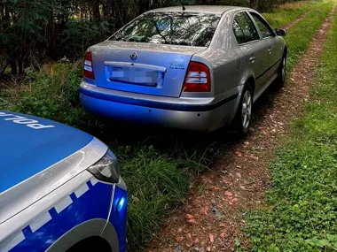 Policyjny radiowóz stoi na leśnej drodze za srebrno-niebieskim samochodem osobowym marki Škoda Octavia.